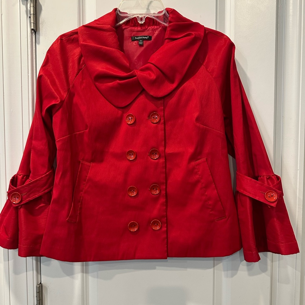Samuel Dong Ruffle Collar Double Button Balloon-Sleeve Top, Size M